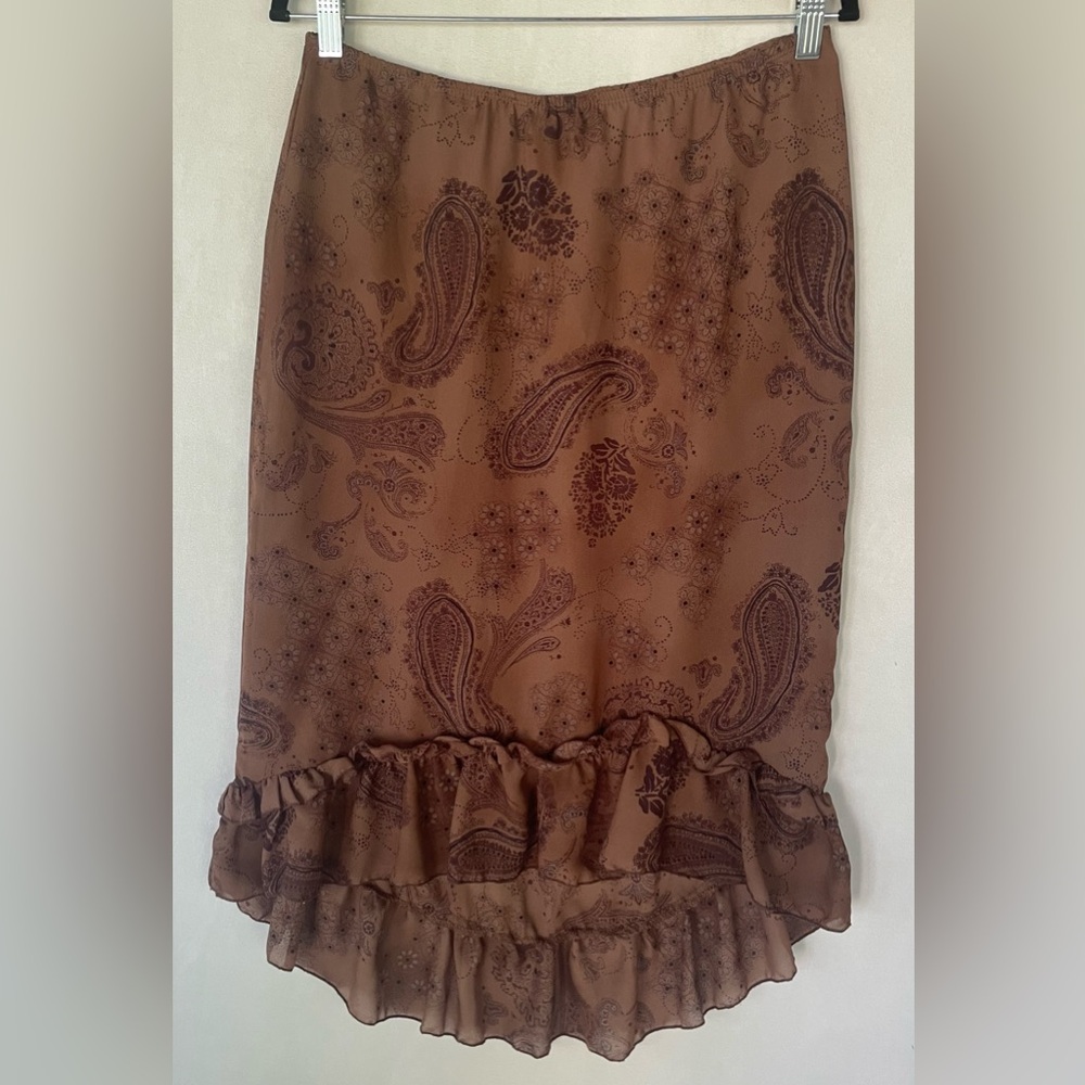 VTG FRED DAVID Brown Floral Paisley Ruffle Hem Skirt Sz 8/30”Long Fairy Boho 90s